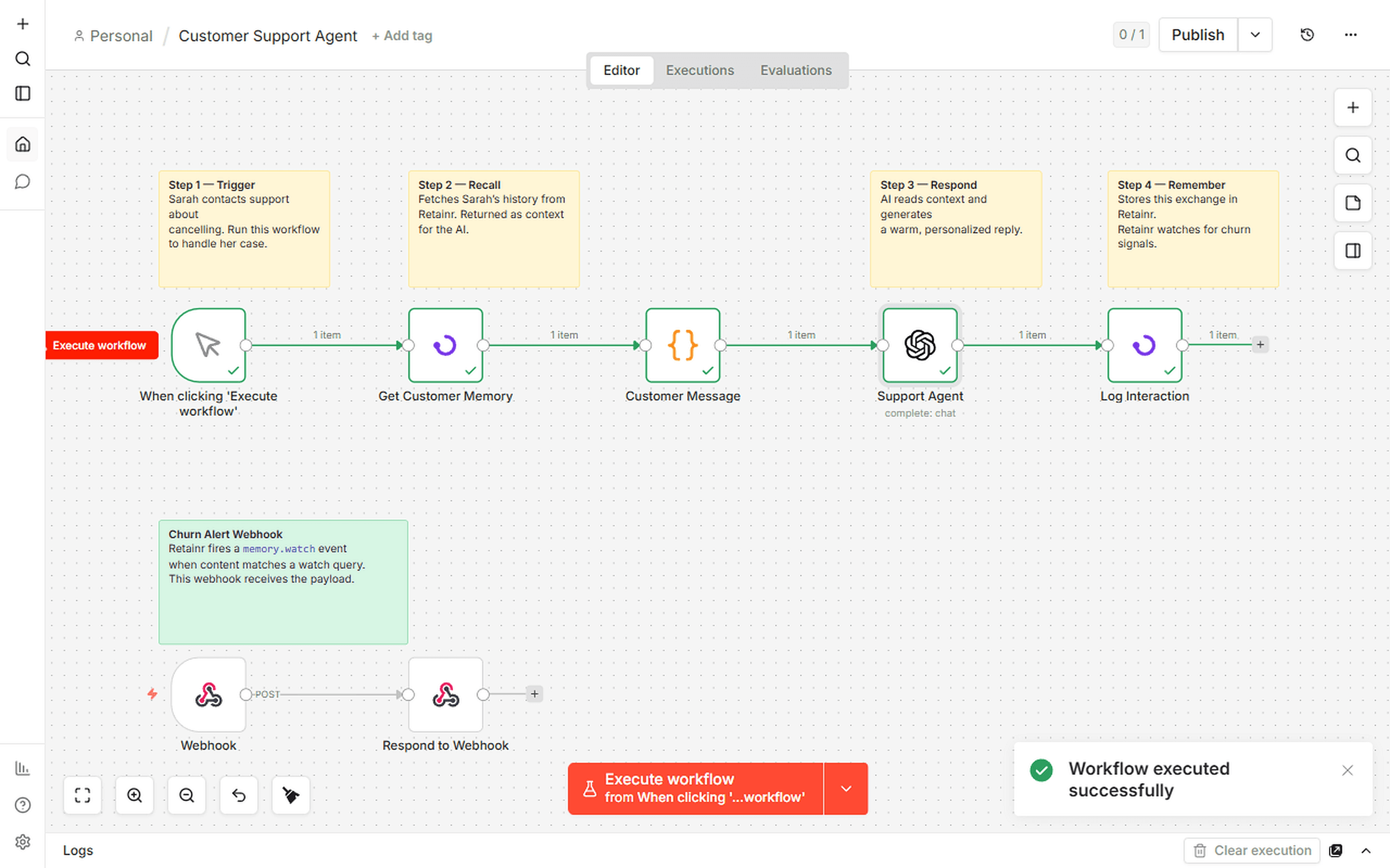 n8n workflow with retainr — Get Customer Memory, AI Support Agent, Log Interaction, and Churn Alert webhook executing successfully